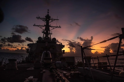 SOUTH CHINA SEA (May 20, 2021) The Arleigh Burke-class guided-missile destroyer USS Curtis Wilbur (DDG 54) conducts routine operations in the South China Sea. Curtis Wilbur is assigned to Commander, Task Force 71/Destroyer Squadron (DESRON) 15, the Navy’s largest forward DESRON and the U.S. 7th Fleet’s principal surface force.