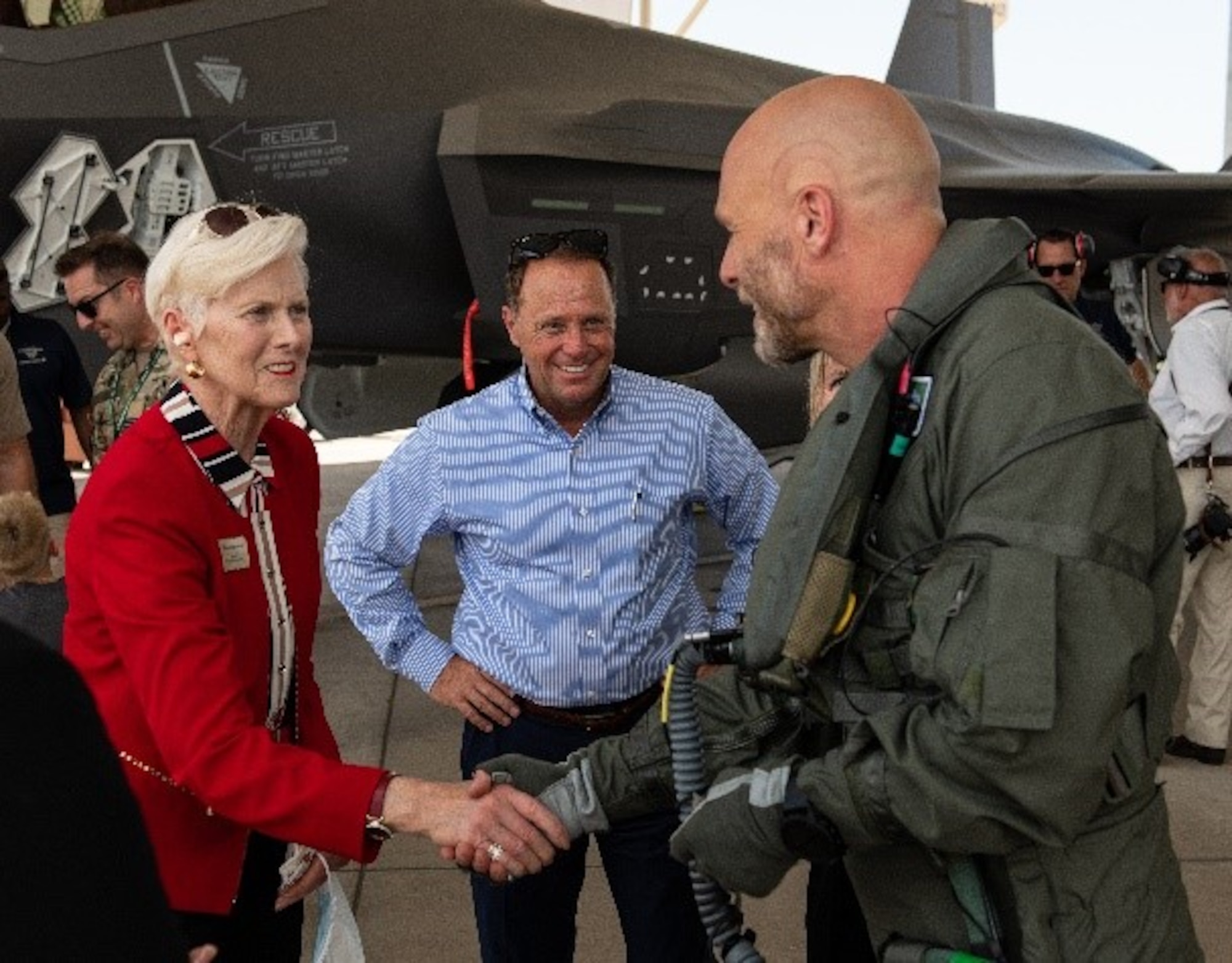 Georgia Lord, Goodyear mayor, greets Royal Danish Air Force pilot “MON,” 308th Fighter Squadron F-35 test pilot, after his first flight in a Danish F-35, May 5, 2021, at Luke Air Force Base, Arizona.