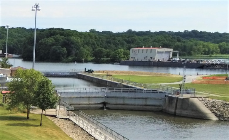 The auxiliary lock at Locks and Dam 14 on the Mississippi River in Pleasant Valley, Iowa.