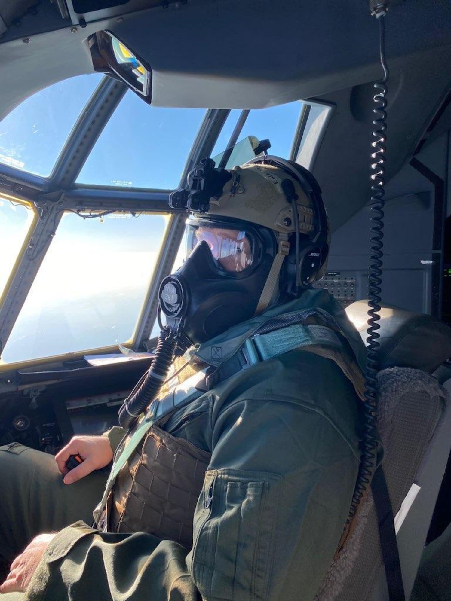 Pilot in mask while flying.