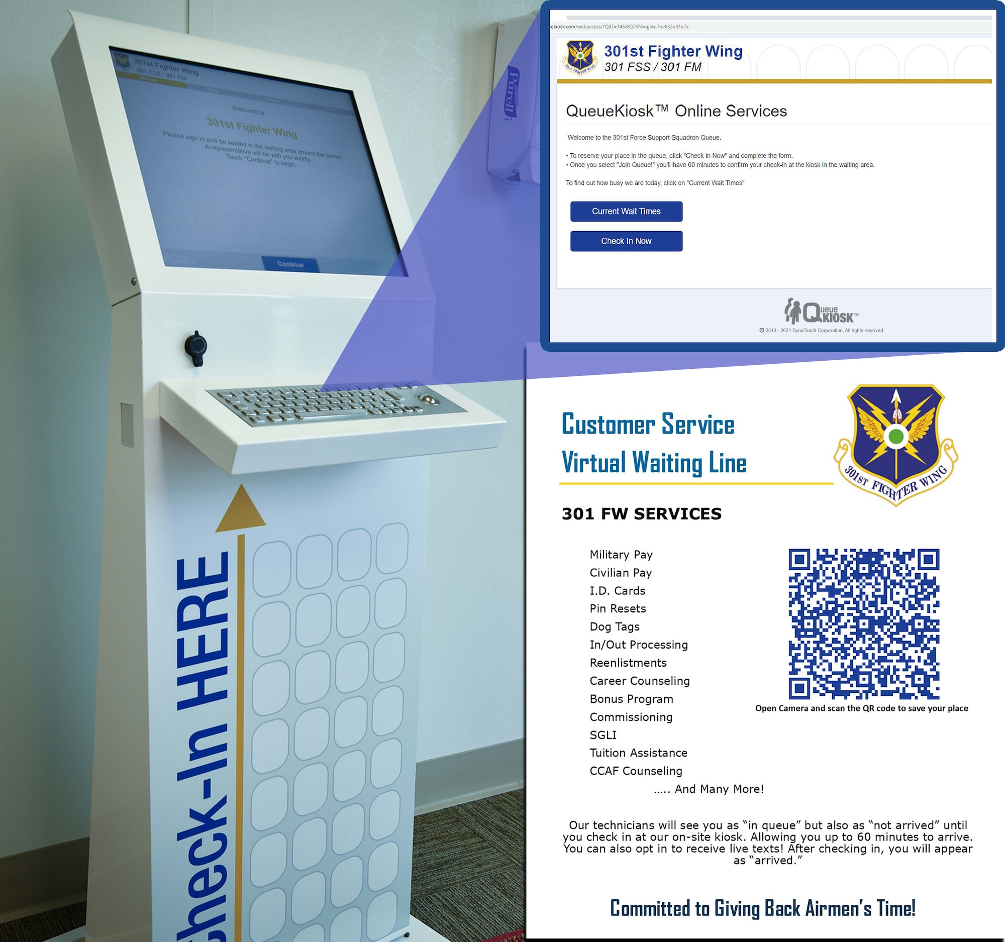 The wing was awarded a customer service-friendly Queue Kiosk system through the 2020 Squadron Innovation Fund and this kiosk is located at the 301st Fighter Wing Force Support Squadron office entrance. This system allows customers to virtually sign-in using QR codes via their cell phone at their respective squadrons or sign-up via a web link in order to use their time more efficiently as well as see the waiting list in real-time. (U.S. Air Force graphic by Jeremy Roman)