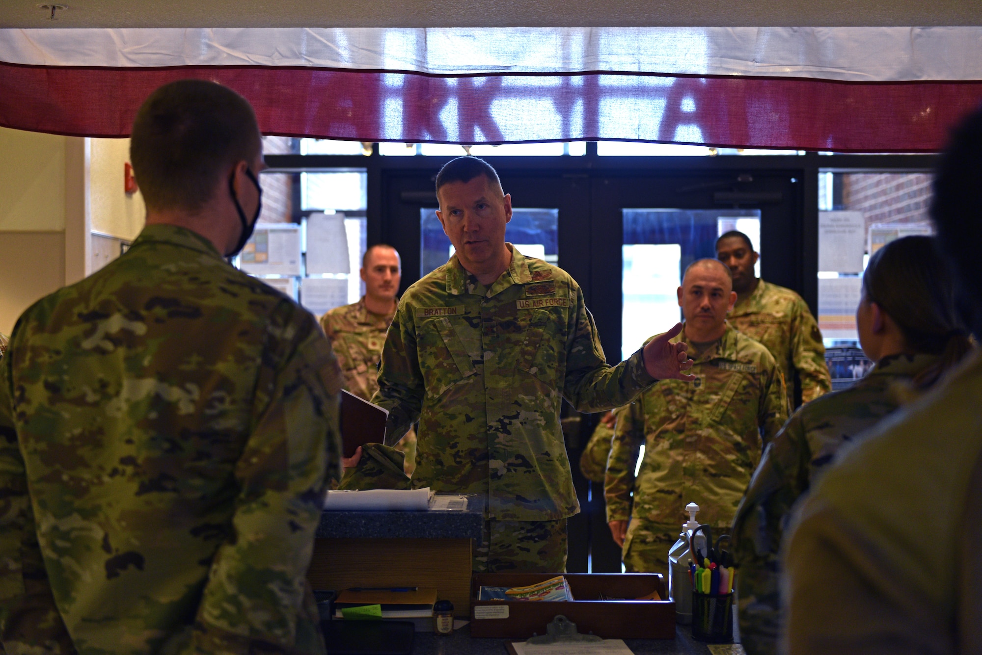 U.S. Air Force Brig. Gen. Shawn Bratton, Space Training and Readiness Command Task Force planning lead, U.S. Space Force, converses with students at the 316th Training Squadron on Goodfellow Air Force Base, Texas, May 17, 2021. The 316th TRS mission is to ¬train, develop, and inspire intelligence, surveillance and reconnaissance cryptologic leaders. (U.S. Air Force photo by Senior Airman Ashley Thrash)