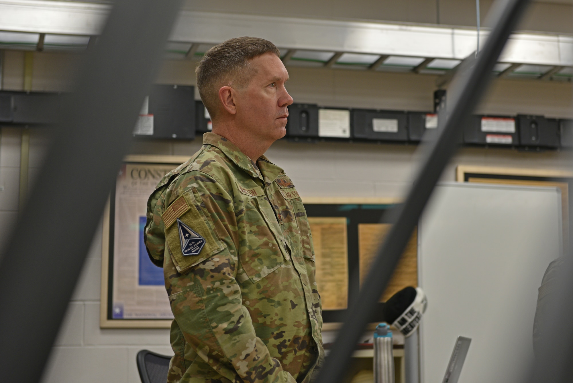 U.S. Air Force Brig. Gen. Shawn Bratton, Space Training and Readiness Command Task Force planning lead, U.S. Space Force, engages with instructors at the 312th Training Squadron on Goodfellow Air Force Base, Texas, May 18, 2021. The 312th TRS is responsible for training joint service members on special instruments and fire emergency services. (U.S. Air Force photo by Senior Airman Ashley Thrash)