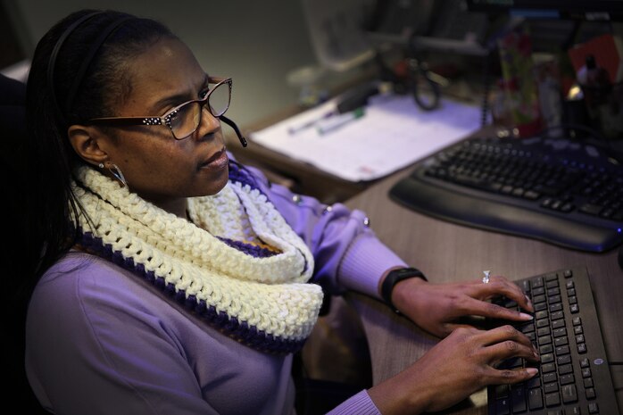 A U.S. Cyber Command, Cyber National Mission Force member works at Fort George G. Meade Md., Feb. 24, 2021.