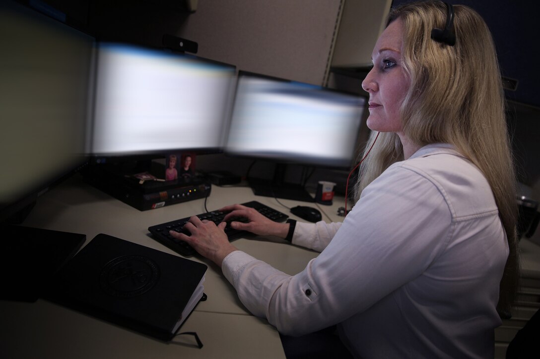 A U.S. Cyber Command, Cyber National Mission Force member works at Fort George G. Meade Md., Feb. 24, 2021.