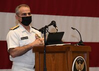 Vice Adm. Brian Brown gives his farewell speech during a change of command ceremony on May 7. (U.S. Navy photo by Robert Fluegel/RELEASED)