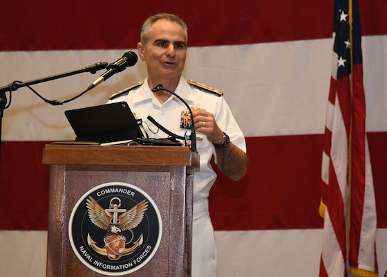 Vice Adm. Brian Brown gives his farewell speech during a change of command ceremony on May 7. (U.S. Navy photo by Robert Fluegel/RELEASED)