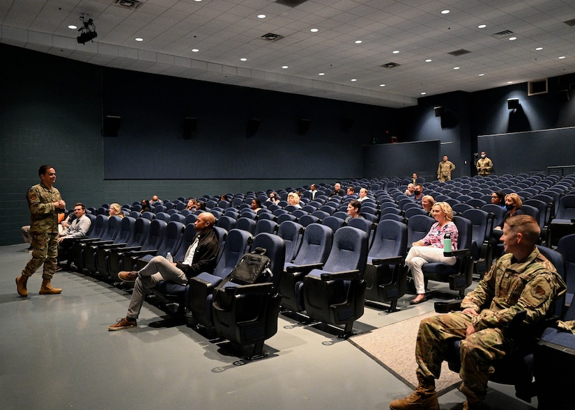 U.S. Air Force Col. Allen Herritage, 633rd Mission Support Group commander, briefs the Learn, Explore, Absorb and Disseminate (LEAD) Peninsula group during a base visit at Joint Base Langley-Eustis, Virginia, May 20, 2021. The program helps foster a sense of community and show how all actors of the Virginia Peninsula community impact each other by immersing members in experiences they might normally never have.