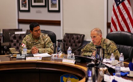 Maj. Gen. Daniel R. Walrath, U.S. Army South commanding general, and Brig. Gen. Christian Garcia, Peruvian military attaché, share a moment before the sixth annual U.S. Army-Peruvian Army Staff Talks, held at Joint Base San Antonio - Fort Sam Houston on May 20. The two armies discussed future bilateral training opportunities and other areas to improve interoperability between the two armies.