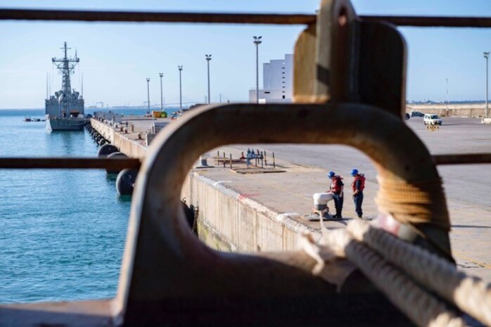 ROTA, Spain (May 21, 2021) Sailors prepare to get the Harpers Ferry-class dock landing ship USS Carter Hall (LSD 50) underway during a sea and anchor evolution, May 21, 2021. Carter Hall is operating in the Atlantic Ocean with Amphibious Squadron 4 and the 24th Marine Expeditionary Unit (MEU) as part of the Iwo Jima Amphibious Ready Group. (U.S. Navy photo by Mass Communication Specialist Seaman Sawyer Connally)