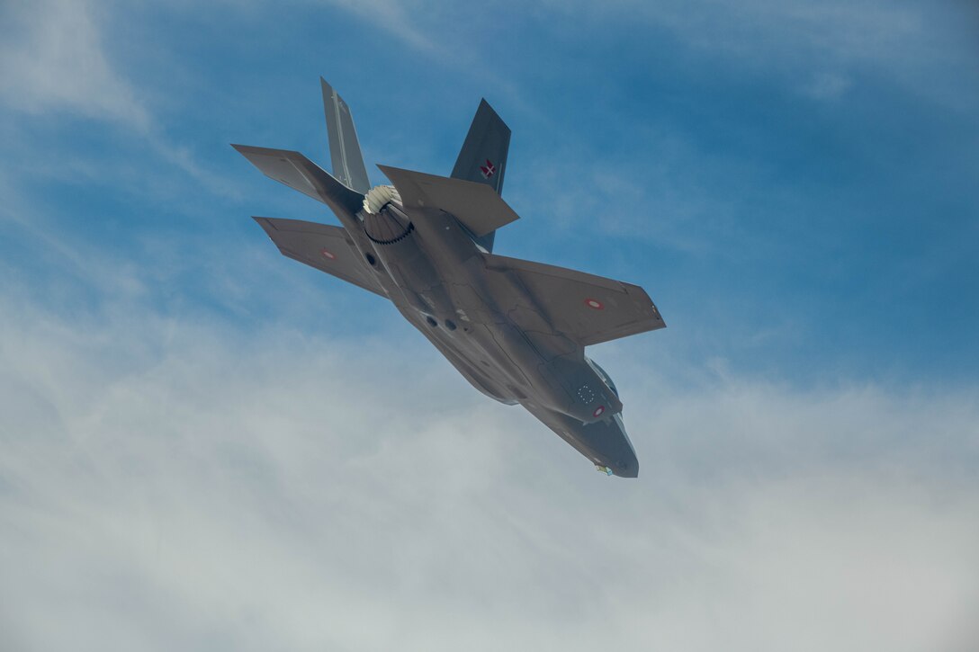 A Royal Danish Air Force F-35A Lightning II fighter jet assigned to the 308th Fighter Squadron,  Luke Air Force Base, Arizona, soars over Bagdad, Arizona, May 5, 2021.