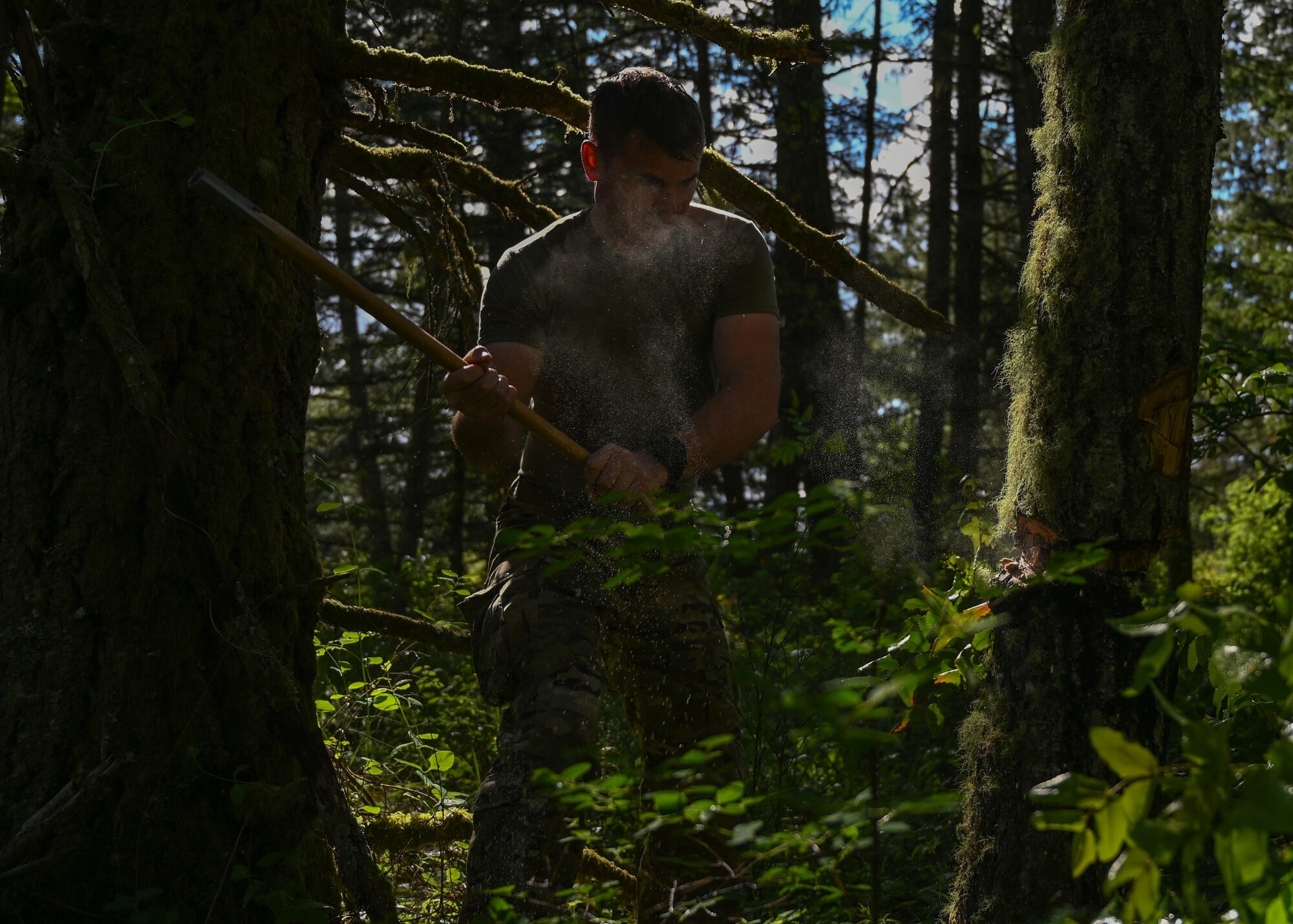 U.S. Air Force Staff Sgt. Jamie Ambrose, non-commissioned officer in charge of personnel recovery assigned to the 62nd Operations Support Squadron, cuts down a tree at Joint Base Lewis-McChord, Washington, May 18, 2021. 62nd OSS survive, evade, resist, and escape specialists hosted an evasion exercise for U.S. Army Alpha Company 2-158 , 2nd Battalion, 158th Aviation Regiment, where they practiced evasion living utilizing fire, shelter and camouflage paint. (U.S. Air Force photo by Airman 1st Class Callie Norton)