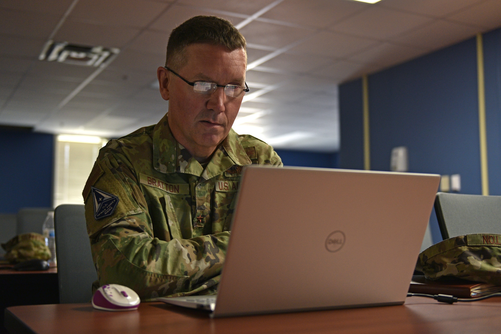 U.S. Air Force Brig. Gen. Shawn Bratton, Space Training and Readiness Command Task Force planning lead, U.S. Space Force, participates in a virtual class at the 316th Training Squadron dormitory on Goodfellow Air Force Base, Texas, May 17, 2021. Bratton visited Goodfellow to interact with leadership and Guardians to discuss the future of the U.S. Space Force training programs. (U.S. Air Force photo by Senior Airman Ashley Thrash)