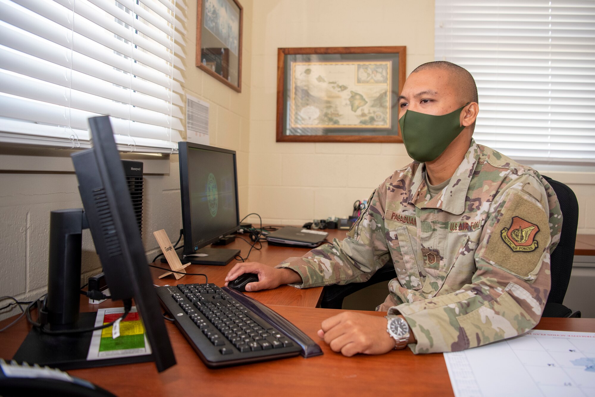 Master Sgt. Jerry Pagaduan, 624th Aeromedical Staging Squadron acting 1st. Sgt., reviews the Family Care Plan tracker to ensure members’ documents are available, updated and ready if needed for execution, Joint Base Pearl Harbor-Hickam, Hawaii April 27, 2021. First sergeants advise commanders on the readiness, health, morale, welfare, and quality of life of Airmen and families to ensure a mission-ready force.