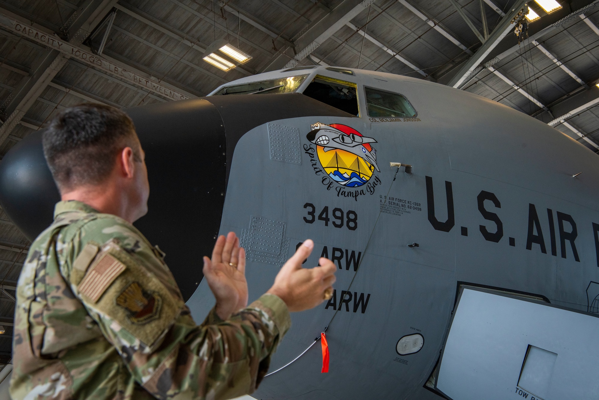 Col. Wes Adams, the 6th Maintenance Group commander, celebrates during a nose art unveiling ceremony, May 3, 2021, at MacDill Air Force Base, Florida.