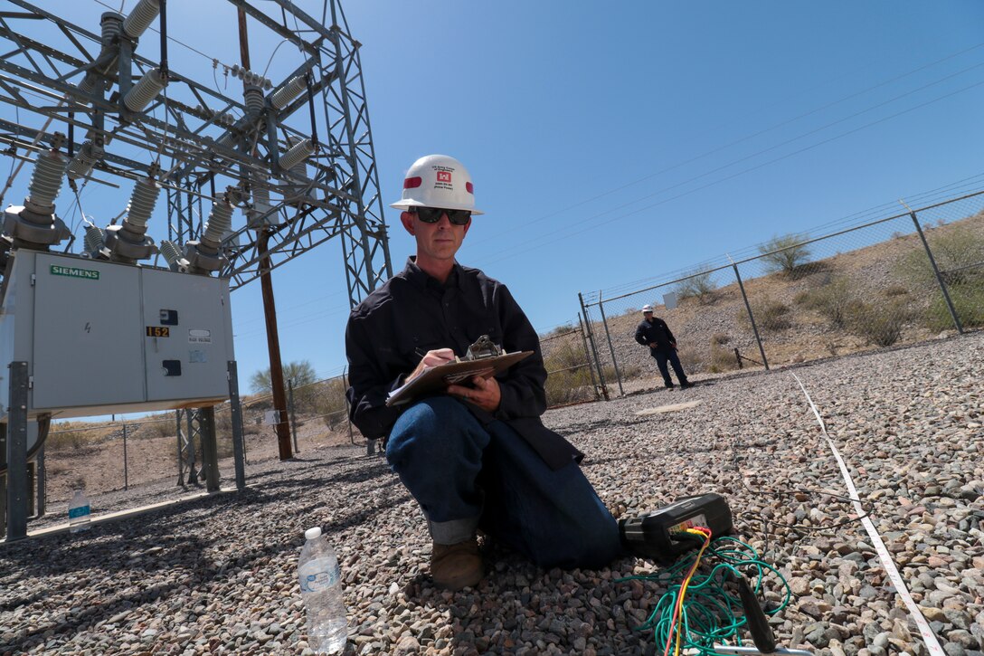 Staff Sgt. Jacob Wratchford (left) and Sgt. Eduardo Delacruz, Alpha Company, 249th Engineer Battalion, U.S. Army Corps of Engineers, are testing a San Carlos Irrigation Project's substation grounding May 19 by testing soil conductivity. The 249th is charged with the rapid deployment of U. S. Army generators to support worldwide requirements.