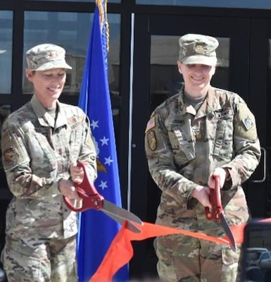 Maj. Gen. Heather L. Pringle, commander, Air Force Research Laboratory (left) and Maj. Katrina C. Johns, deputy commander, Albuquerque District, USACE (right), and other AFRL and USACE leaders, participated in the ribbon-cutting ceremony for the AFRL Space Warfighting Operations Research & Development Laboratory (SWORD) held on Kirtland Air Force Base, May 20, 2021. This facility replaces six older building that are spread out across the Phillips Research Site. The building includes a 5,000 square foot, high-bay laboratory, as well as an additional 5,000 square feet of secure office, laboratory, and meeting space. The project cost was $12.8 million.
