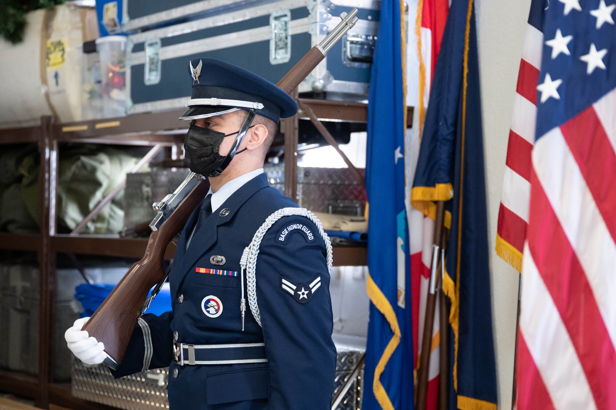Airman 1st Class Cesar Tapia-Caballero, 341st Contracting Squadron contracting apprentice and current 341st Missile Wing Base Honor Guard honor guardsman, practices proper form while holding a ceremonial rifle April 13, 2021 at Malmstrom Air Force Base, Mont.