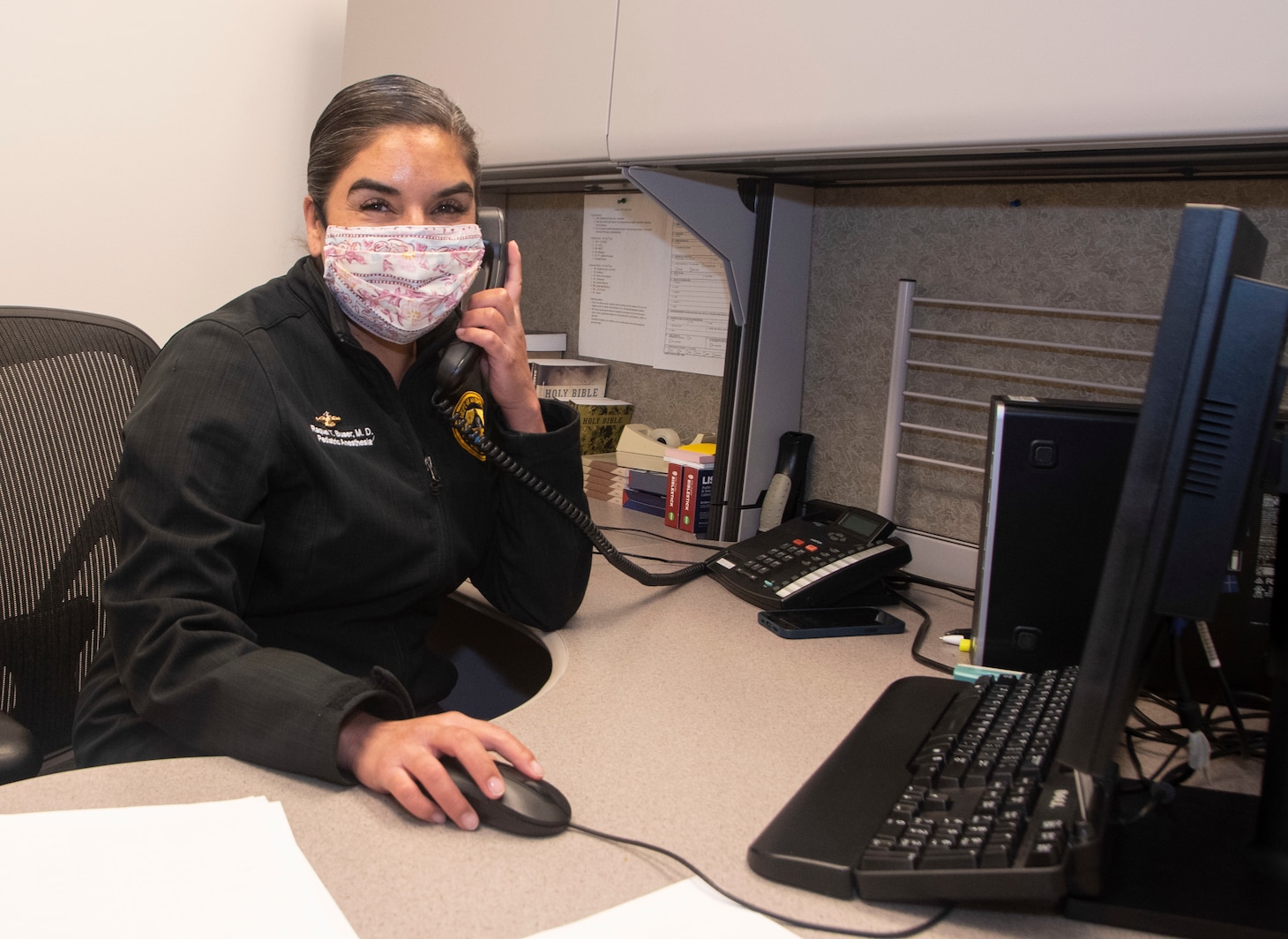 PORTSMOUTH, Va. (May 20, 2021) – Lt. Cmdr. Raquel Buser, a pediatric anesthesiologist at Naval Medical Center Portsmouth (NMCP), conducts a virtual periodic health assessment (PHA), May 20.
