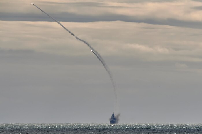 THE NORTH SEA (May 19, 2021) - The Royal Netherlands Navy Air Defense and Command Frigate (ADCF) HNLMS De Zeven Provinciën (F802) engages a subsonic target with two Evolved Sea Sparrow Missiles (ESSM) on May 19, 2021 during exercise At-Sea Demo/Formidable Shield. At-Sea Demo/Formidable Shield, conducted by Naval Striking and Support Forces NATO on behalf of U.S. Sixth Fleet, is a live-fire integrated air and missile defense (IAMD) exercise that improves Allied interoperability using NATO command and control reporting structures.