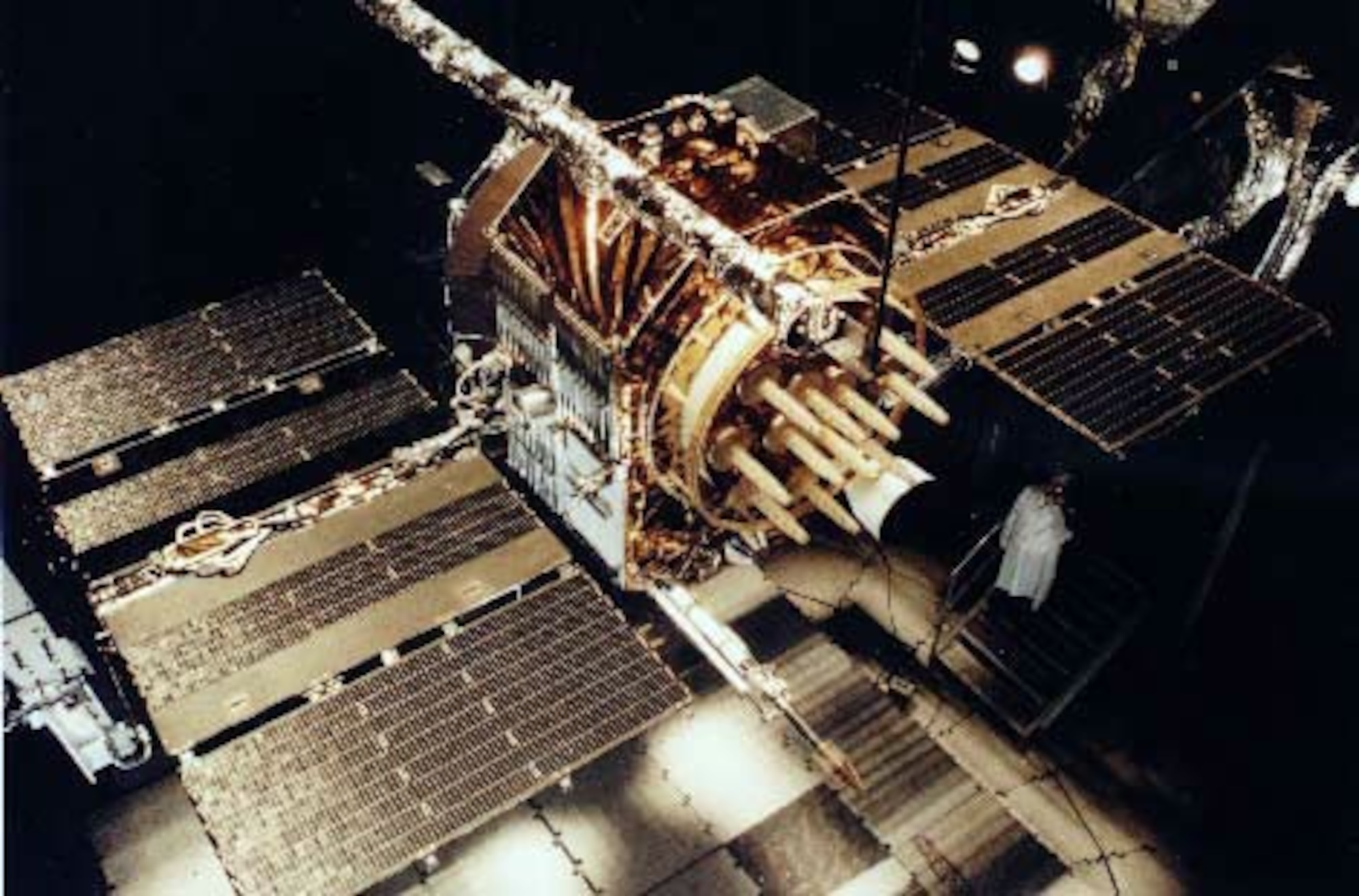 NAVSTAR Block II satellite, part of the Global Positioning System, undergoing Air Force testing. During Operation Desert Storm 16 NAVSTAR satellites were in orbit allowing receivers on the ground to have line of sight to at least three satellites enabling triangulation of position.