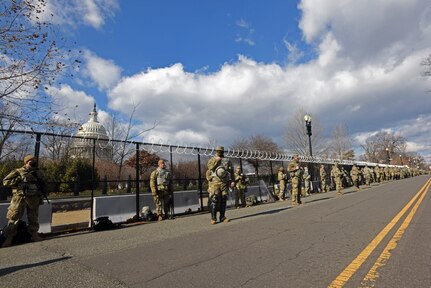 National Guard Soldiers provide security outside the U.S. Capitol during the 59th Presidential Inauguration Jan. 20, as part of the National Guard’s Capitol Response security mission.