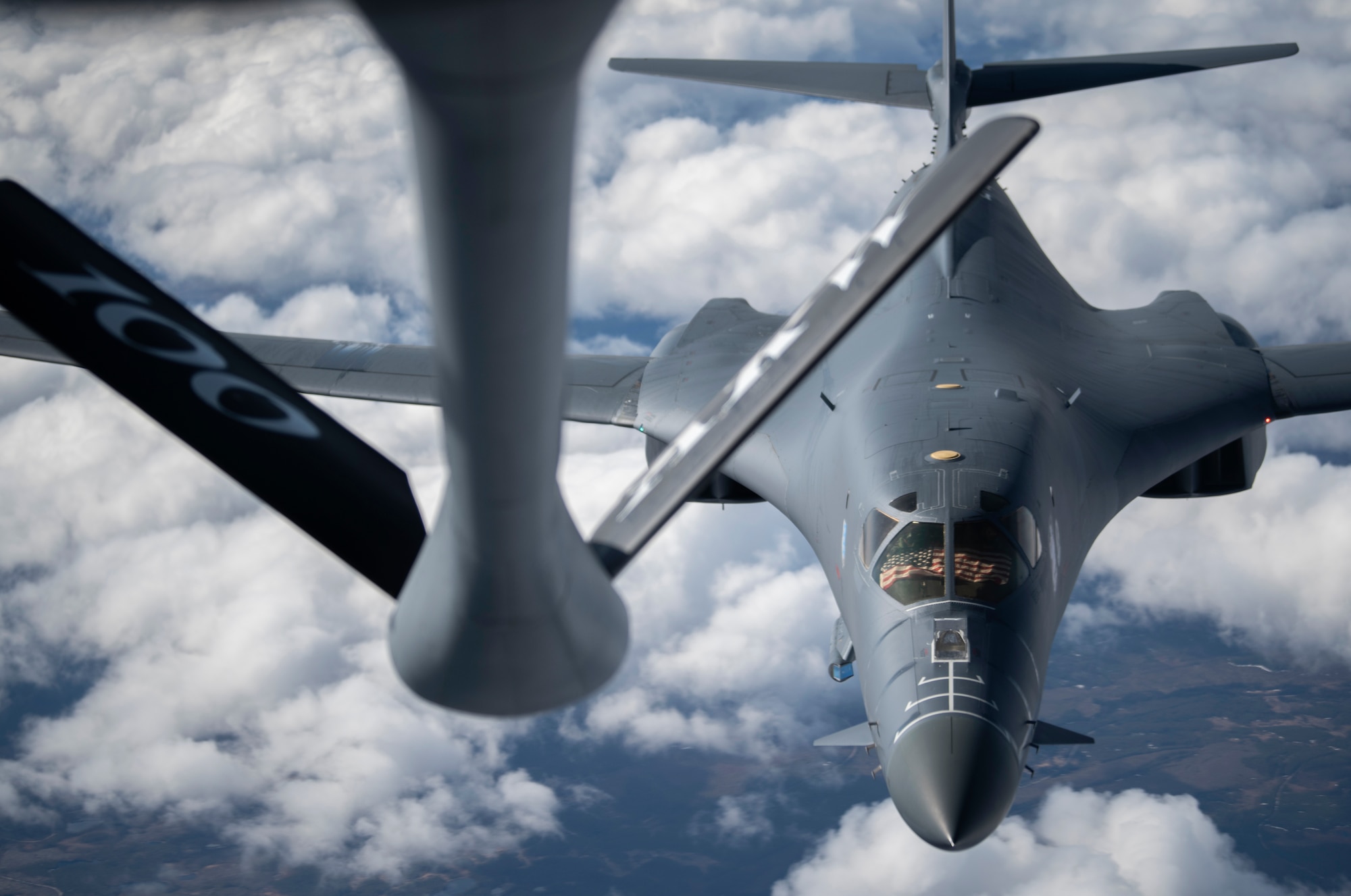 A B-1B Lancer from the 28th Bomb Wing, Ellsworth Air Force Base, South Dakota, prepares to receive fuel from a KC-135 Stratotanker from the 100th Air Refueling Wing, RAF Mildenhall, England, during a Bomber Task Force Europe mission over Sweden, May 20, 2020. Operations and engagements with our allies and partners demonstrate and strengthen our shared commitment to global security and stability. (U.S. Air Force photo by Tech. Sgt. Emerson Nuñez)