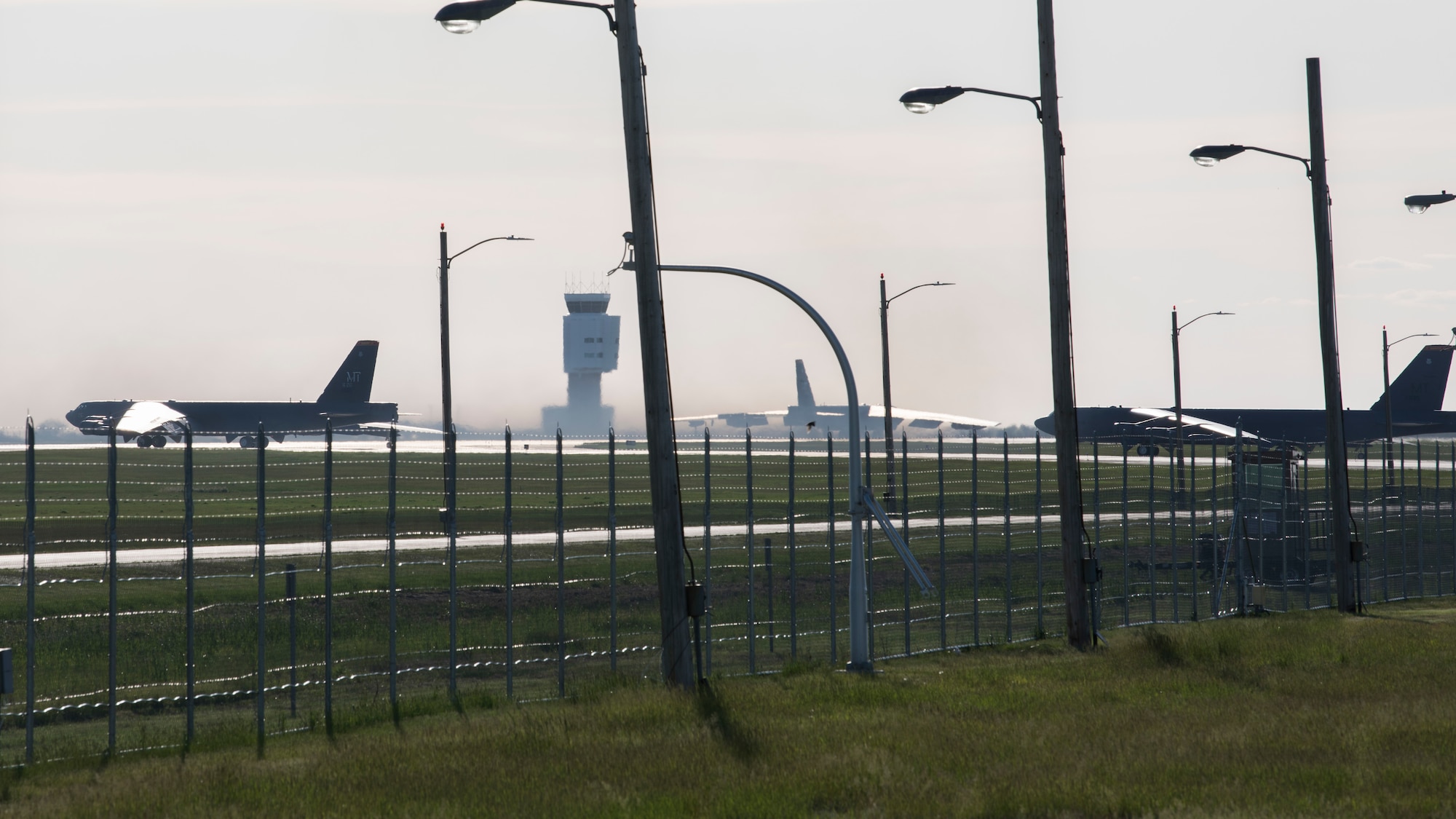 Three B-52H Stratofortresses take off at Minot Air Force Base, North Dakota, June 2, 2020. During flight, the B-52s will perform integrating and interoperability training with Norwegian aircraft over the Arctic Ocean and Laptev Sea. (U.S. Air Force photo by Senior Airman Alyssa Day)