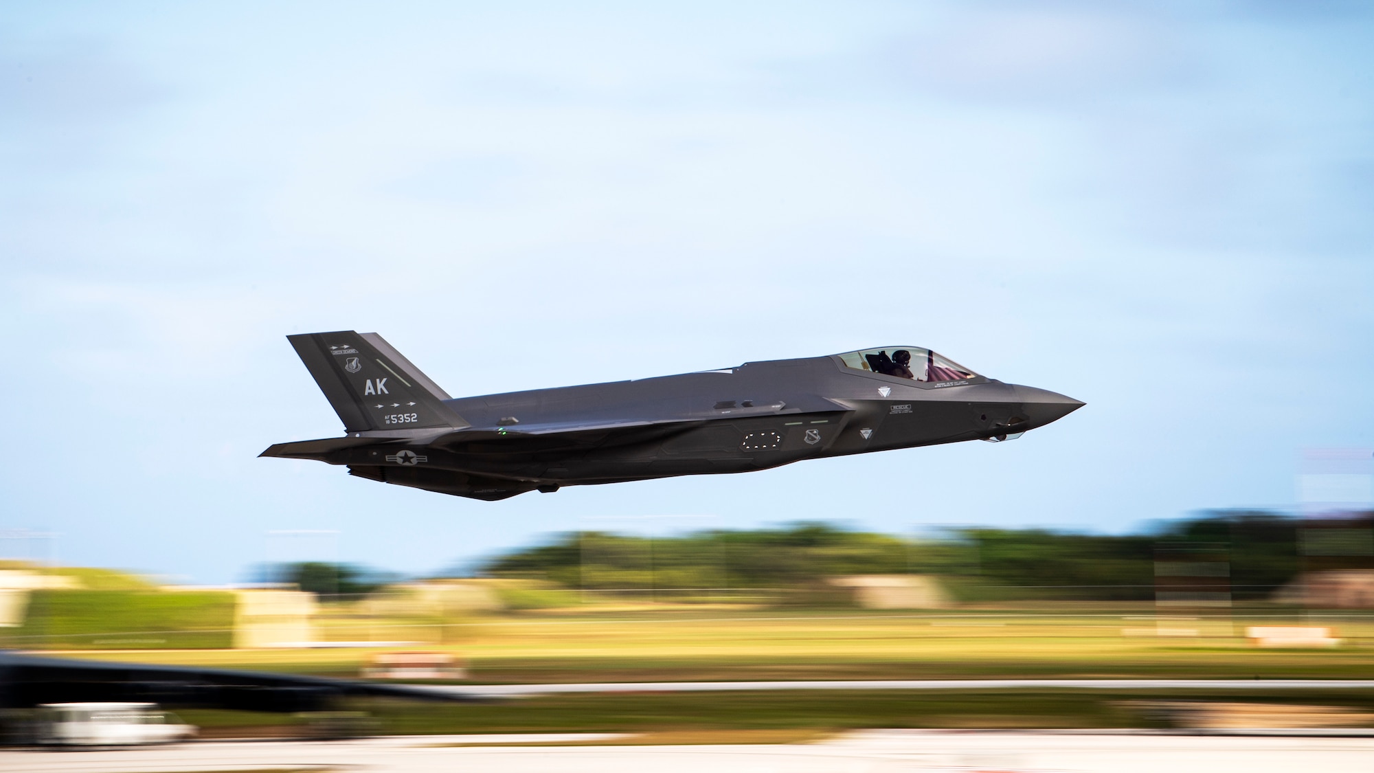 An F-35 Lightning II assigned to the 356th Fighter Squadron takes off to participate in an agile combat employment scenario at Andersen Air Force Base, Guam during exercise Cope North 21, Feb. 16, 2021. Engagements incorporating ACE concepts in “less than optimal environments” improve interoperability among forces and help allies and partners increase their capabilities, creating the greatest possible opportunity for long-term advancement of combined interests. (U.S. Air Force photo by Senior Airman Duncan C. Bevan)