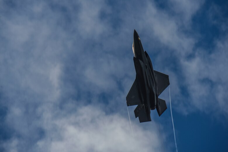 A U.S. Air Force F-35A Lightning II assigned to the 388th Fighter Wing, Hill Air Force Base, Utah, soars overhead during RED FLAG-Alaska (RF-A) 20-3 at Eielson Air Force Base, Alaska, Aug. 7, 2020. All RF-A exercises take place in the Joint Pacific Alaska Range Complex over Alaska as well as a portion of Western Canadian airspace. (U.S. Air Force photo by Airman 1st Class Aaron Larue Guerrisky)