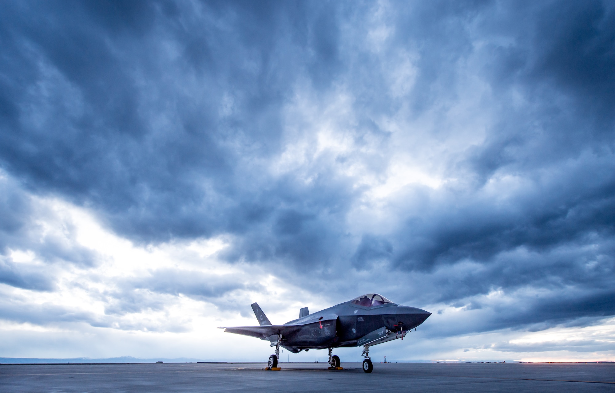 An F-35A of the 31st Test and Evaluation Squadron, a tenant unit at Edwards Air Force Base, Calif., is parked on the flight line at Mountain Home AFB, Idaho, Feb 19, 2016. Six operational test and evaluation F-35s and more than 85 Airmen of the 31st TES travelled to Mountain Home AFB to conduct the first simulated deployment test of the F-35A, specifically to execute three key initial operational capability mission sets: suppression of enemy air defenses, close air support and air interdiction. (U.S. Air Force photo by J.M. Eddins Jr.)