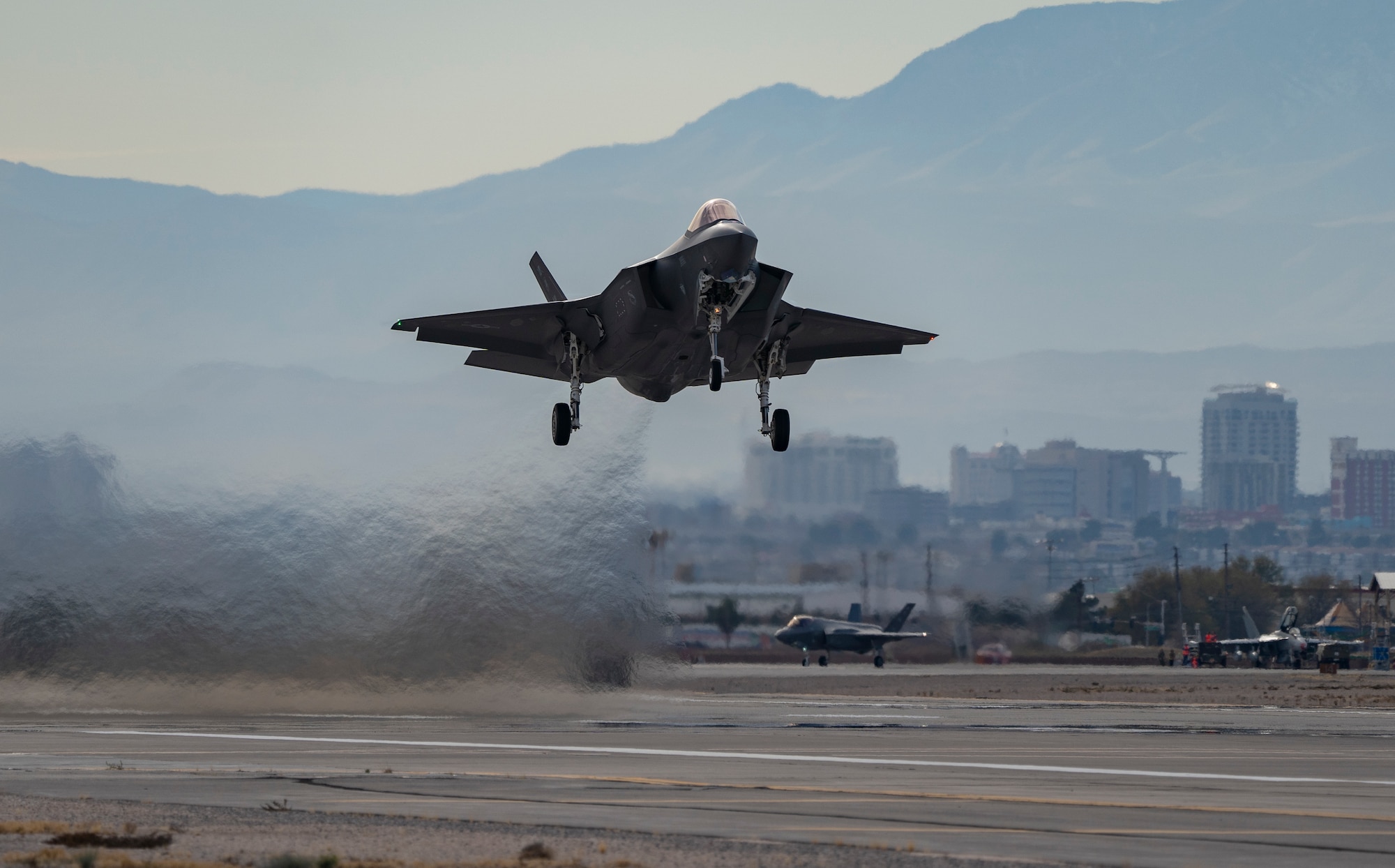 An F-35A Lightning II fighter jet assigned to the 421st Fighter Squadron, Hill Air Force Base, Utah, takes off during Red Flag 20-1 at Nellis AFB, Nevada, Feb. 5, 2020. The F-35A is designed to provide the pilot with unsurpassed situational awareness, positive target identification and precision strike capabilities in all weather conditions. (U.S. Air Force photo by William Lewis)