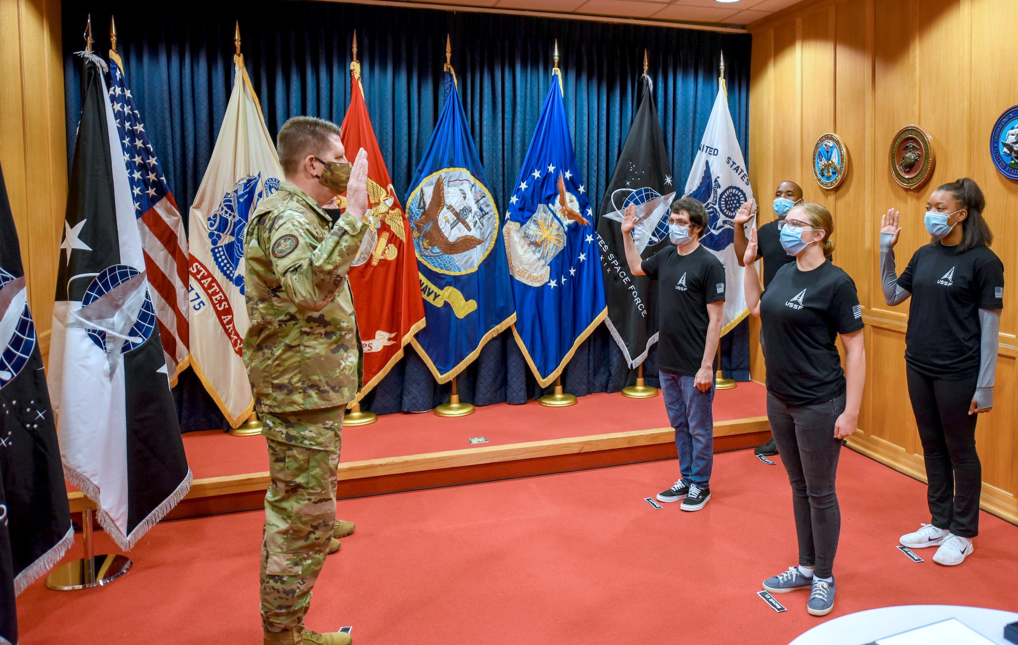 The Vice Chief of Space Operations Gen. David D. “DT” Thompson swore in the first four Space Force recruits at the Baltimore Military Entrance Processing Command station, Fort George G. Meade, MD October 20, 2020. The first four recruits will join others from Colorado, placing them on a direct path to Basic Military Training and marking another milestone in the new service’s growth and development.