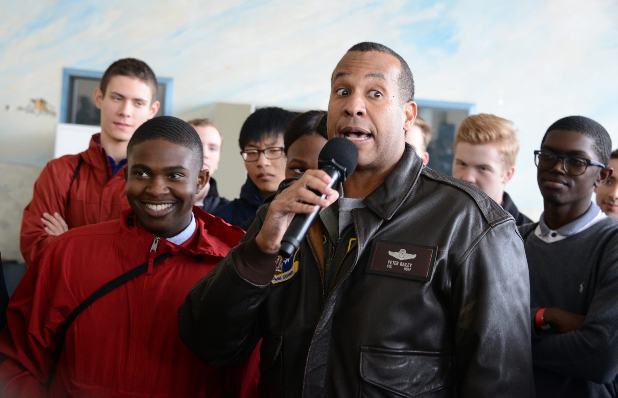 Then Col. Peter Bailey, now brigadier general and current 2nd Air Force Air National Guard assistant to the commander, talks to students during an Aim High Outreach event at Maxwell Air Force Base, Alabama, Nov. 15, 2019. Aim High is an Air Force Recruiting Service Detachment 1-sponsored event that fosters youth engagement, community outreach, professional development and networking. General officers like Bailey are being asked to participate in the GO Inspire program that is designed for Air and Space Force generals to get out and engage youth and youth influencers from underrepresented groups (URGs) across the nation.