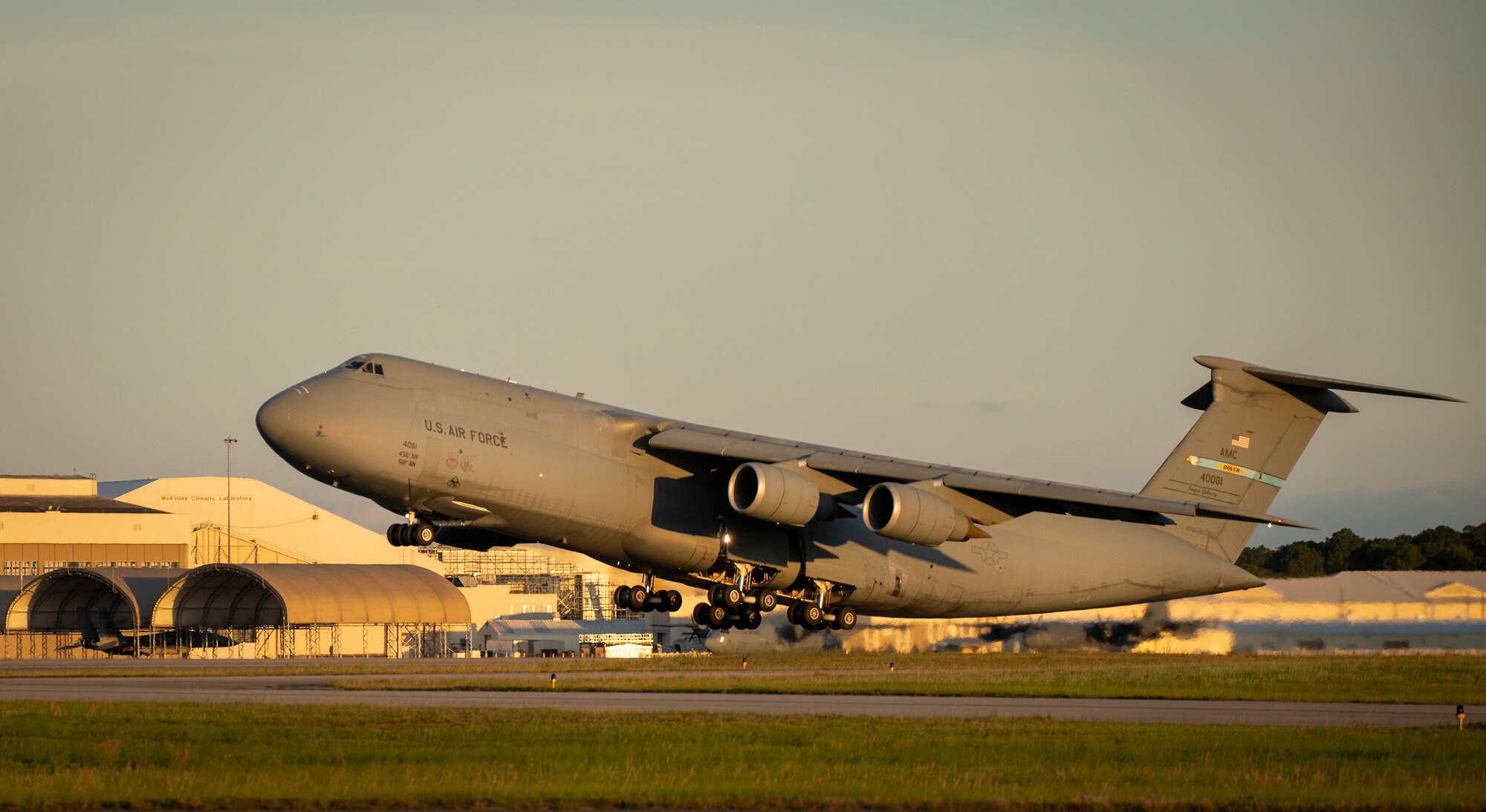 A C-5M Super Galaxy lifts off for a mission at Eglin Air Force Base, Fla., May 13. The Dover AFB aircraft and crew visited the base for a series of nighttime defensive countermeasures tests on Eglin’s ranges.