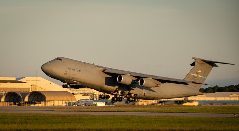 A C-5M Super Galaxy lifts off for a mission at Eglin Air Force Base, Fla., May 13. The Dover AFB aircraft and crew visited the base for a series of nighttime defensive countermeasures tests on Eglin's ranges.