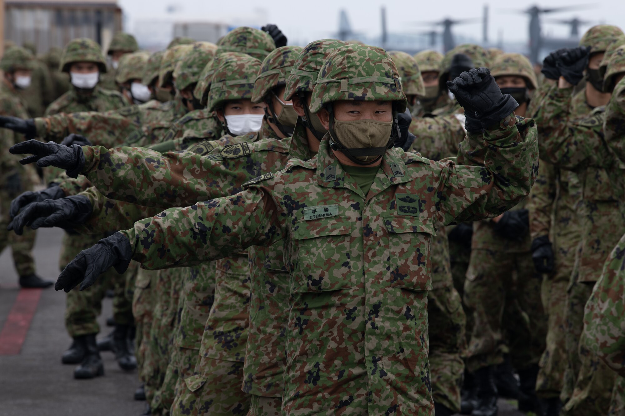 Japan Ground Self-Defense soldiers exercise in formation.