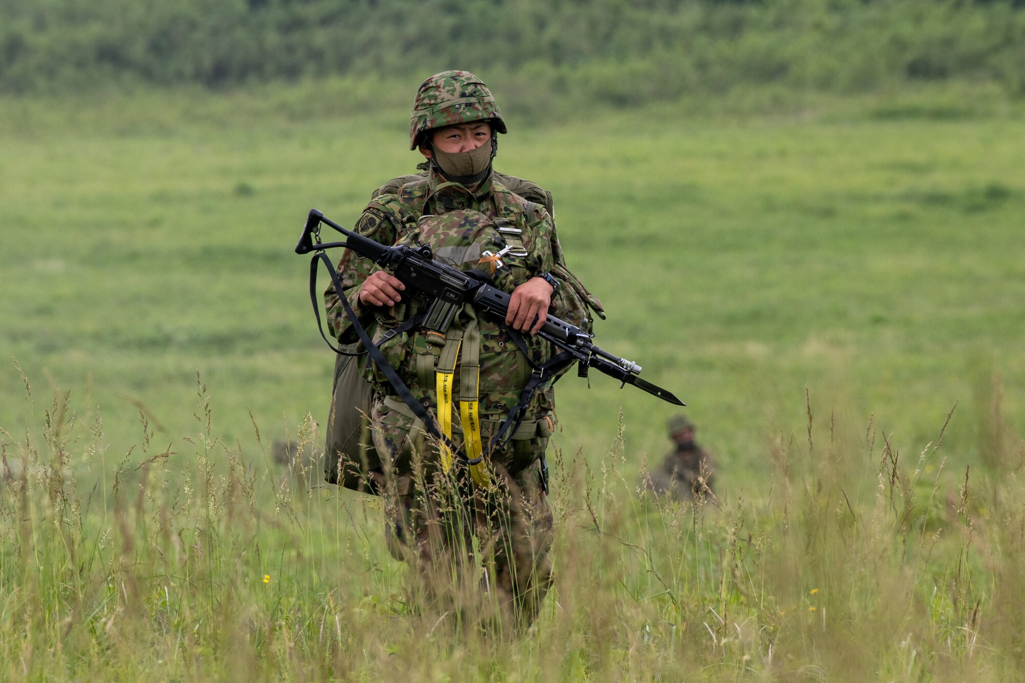 Japan Ground Self-Defense soldier walks through field with rifle.