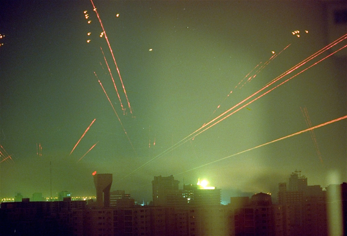 On the opening night of Operation Desert Storm in January 16, 1991, anti-aircraft fire lights up the sky over Baghdad, Iraq after the first F-117 Nighthawks hit their targets completely undetected.