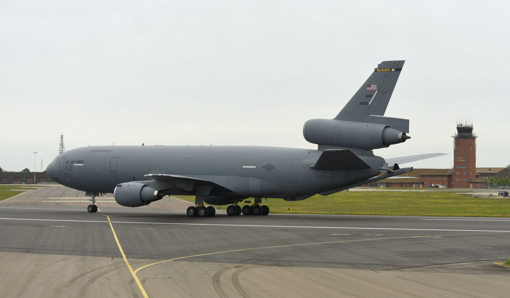 A U.S. Air Force KC-10 Extender aircraft taxis down the runway during an elephant walk with a KC-135 Stratotanker aircraft and a Royal Air Force A330 Voyager aircraft May 20, 2021, at RAF Mildenhall, England. The elephant walk was part of the European Tanker Symposium which brings tanker crew from NATO countries, along with other U.S. and Canadian forces together to share experiences and knowledge. (U.S. Air Force photo by Karen Abeyasekere)