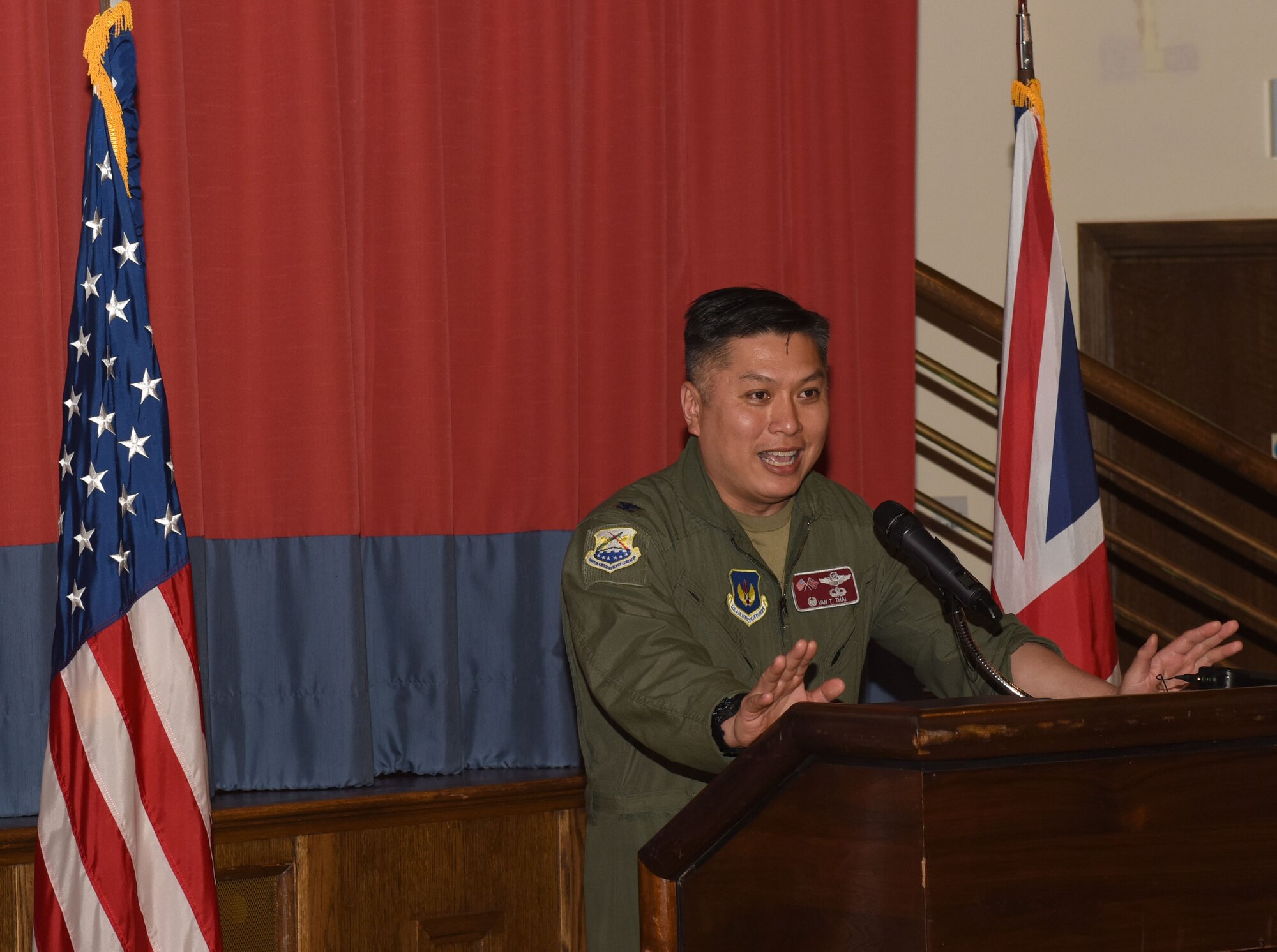 U.S. Air Force Col. Van Thai, 100th Operations Group commander, gives closing remarks at the European Tanker Symposium May 20, 2021, at Royal Air Force Mildenhall, England. NATO allies from countries including Finland, France, Germany and Hungary attended virtually to discuss the future of European interoperability and strengthen alliances by sharing experiences and knowledge. (U.S. Air Force photo by Karen Abeyasekere)