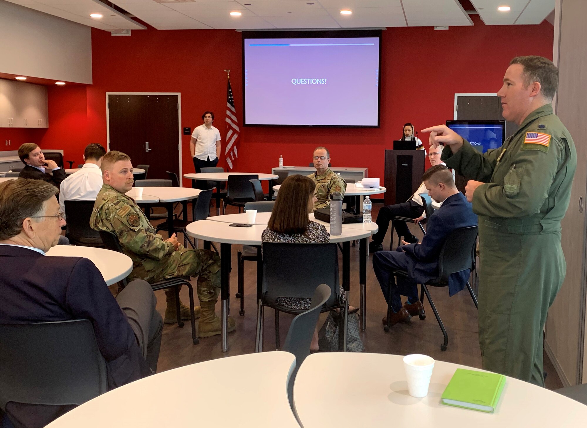 Lt. Col. Ryan Chmielewski, AFGSC Fellows Project Champion, briefs command and Louisiana Tech University officials May 19, 2021 on capstone project results and value of the program at the Louisiana Tech Academic Success Center in Bossier City, Louisiana. Managed by Louisiana Tech University, the Fellows Program is an AFGSC initiative to collaborate with academia, invest in developing innovative solutions to command challenges and foster future generations of students who aim to work for the Department of Defense. (Courtesy Photo by Sean Green)