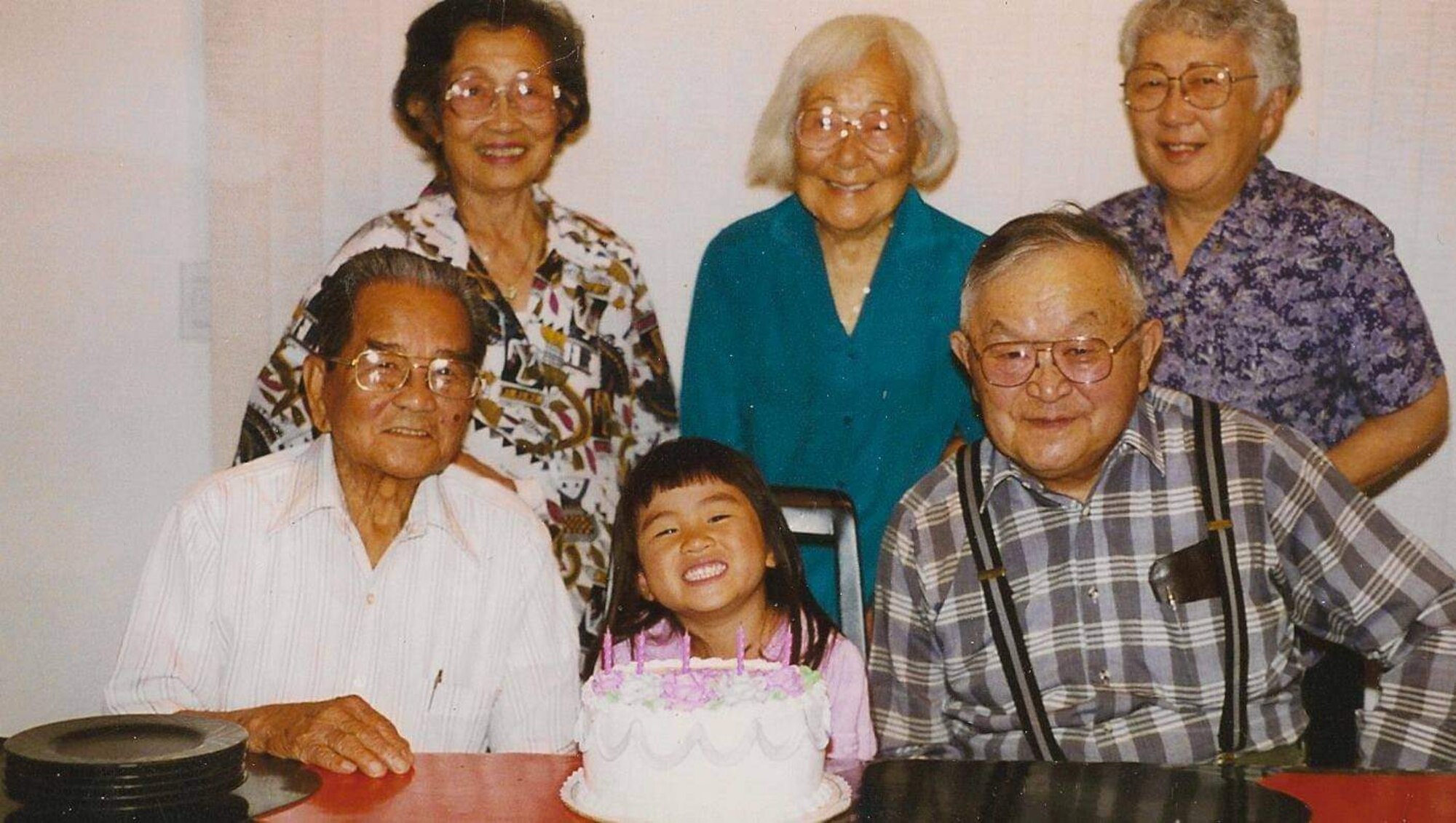 Ben and Cippy Parcasio, Eva Urabe, Mae and Roy Sakasegawa, and Capt. Heather Parcasio take a group photo in Salinas, California, in 1996. (U.S. Air Force courtesy photo)