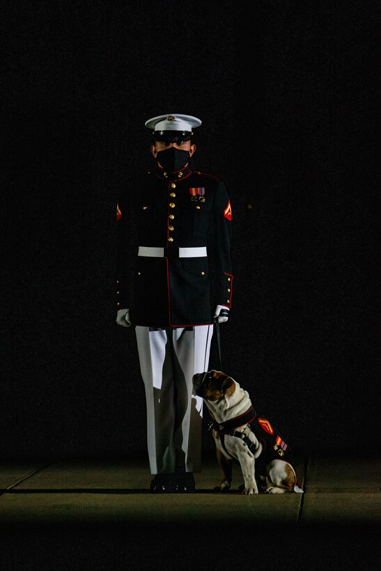 Lance Cpl. Jesus Moras, Chesty handler, and Lance Cpl. Chesty XV, official mascot, perform during the Friday Evening Parade at Marine Barracks Washington, May 21, 2021. The guest of honor for the evening was Her Excellency Karen E. Pierce, DCMG British Ambassador to the United States, and the hosting official for the evening was Lt. Gen. Lewis A. Craparotta, commanding general, Training and Education Command. (U.S. Marine Corps photo by Lance Cpl. Allen Sanders)