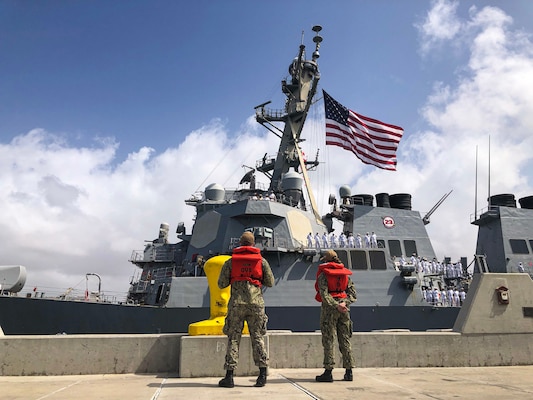 Arleigh Burke-class guided-missile destroyer USS Russell (DDG 59) returns to its homeport.