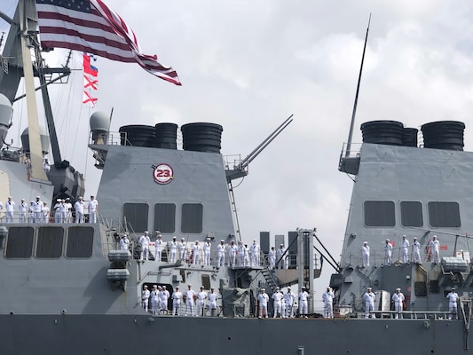 Arleigh Burke-class guided-missile destroyer USS Russell (DDG 59) returns to its homeport.