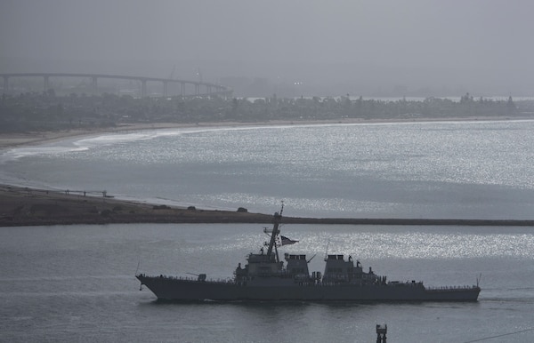 Arleigh Burke-class guided-missile destroyer USS Russell (DDG 59) returns to its homeport.