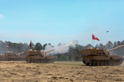 Soldiers with the North Carolina National Guard’s 1st Battalion, 113th Field Artillery Regiment, fire newly fielded M109A7 Self-Propelled Howitzer Systems at Fort Bragg, North Carolina, May 20, 2021. The battalion is the first National Guard unit to receive the new Artillery.