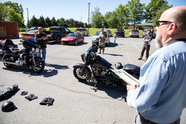 Motorcycle riders assigned to the U.S. Army Corps of Engineers Transatlantic Division conduct a motorcycle safety training course at their Winchester, Va., headquarters, May 13, 2021, in order to prepare for the summer riding season. (U.S. Army Photo by Sherman Hogue, U.S. Army Corps of Engineers Transatlantic Division public affairs office)
