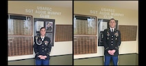 single soldier stands in front of a board of names.